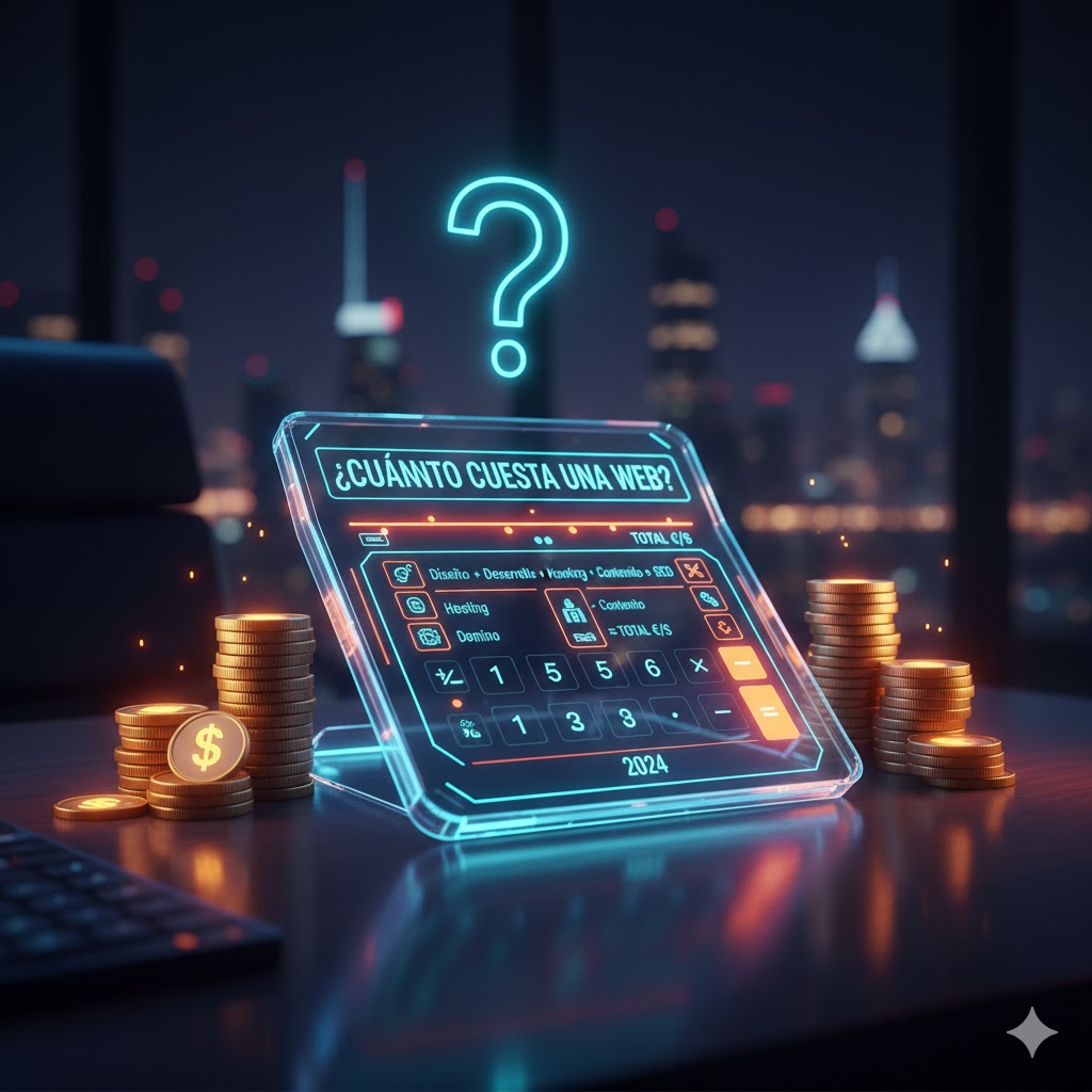 Calculadora y monedas representando el coste de una web
